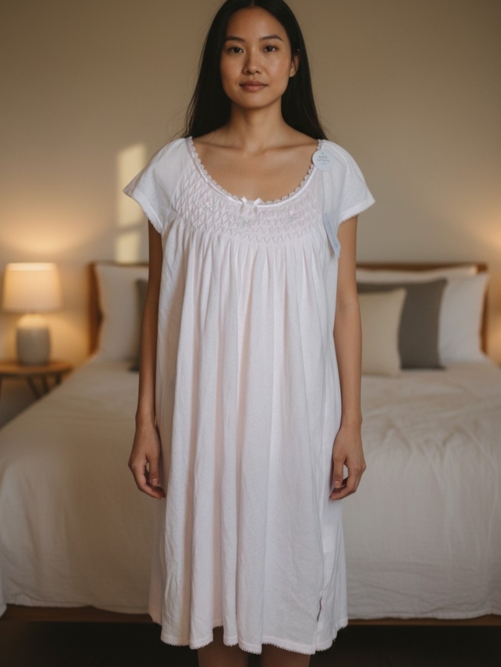 Miss Elaine Silky Knit Comfy Light Pink Cap-Sleeve Smocked Nightgown Small